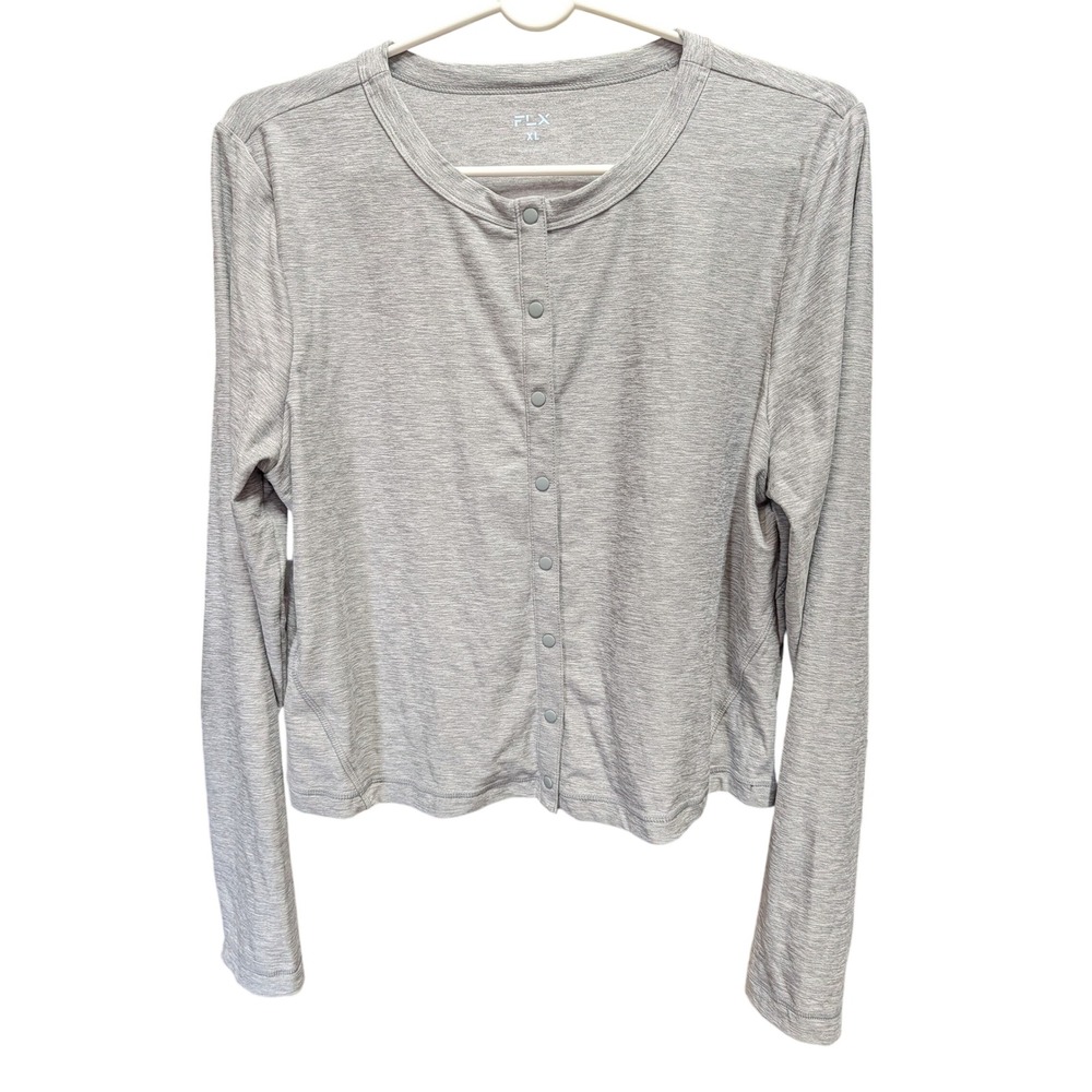 FLX Snap-Front Cardigan Women XL Gray Excellent Cropped Heathered Athleisure Top